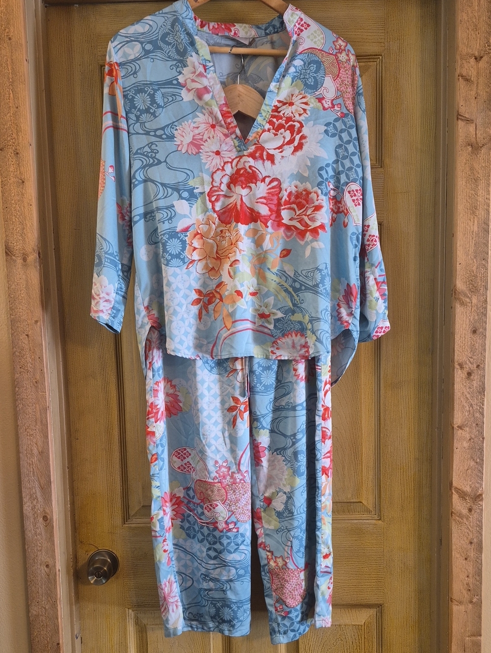 Natori Set Top Pants Drawstring Floral Print Small Polyester Spandex Loungewear